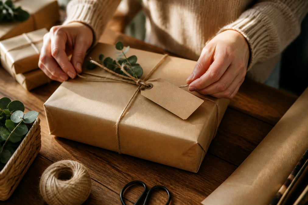 Close-up of hands carefully wrapping a personalized gift with kraft paper, showing thoughtful presentation with a handwritten gift tag and natural lighting