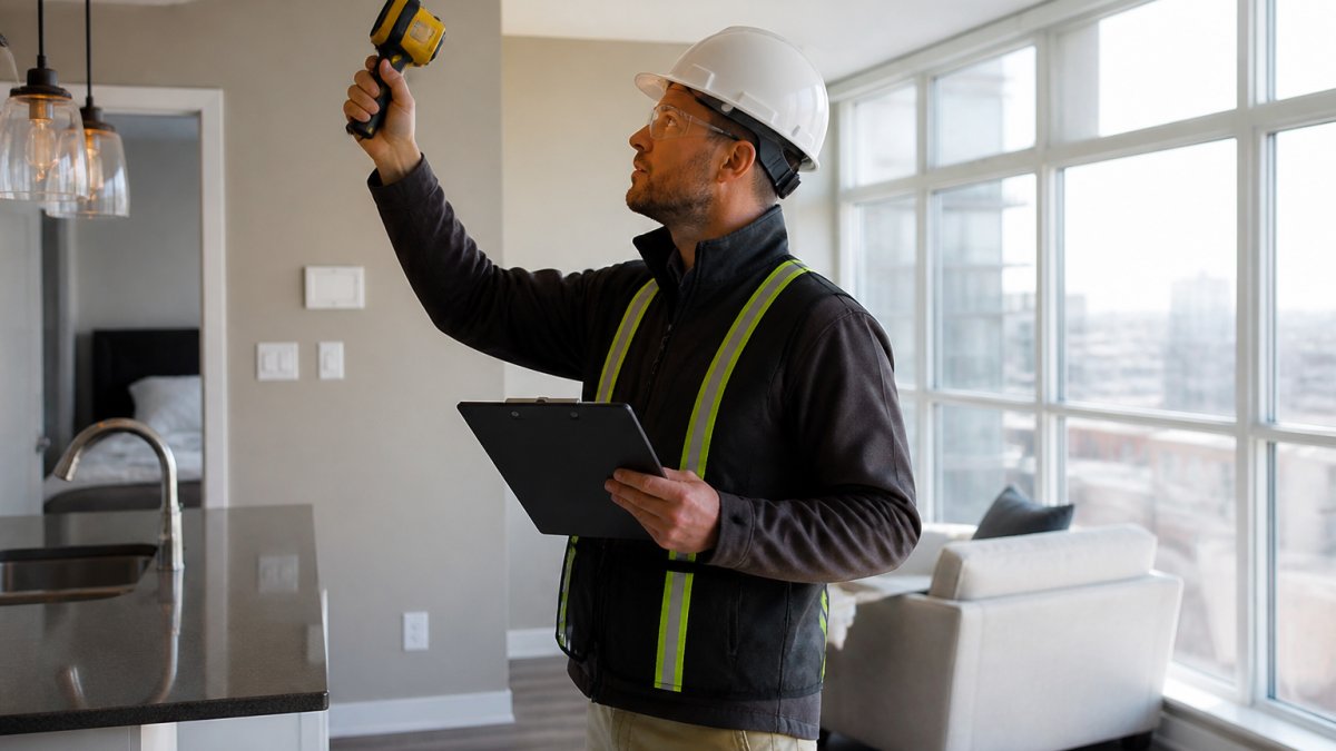 Professional condo inspectors using a thermal camera to examine a modern unit with bright natural light.