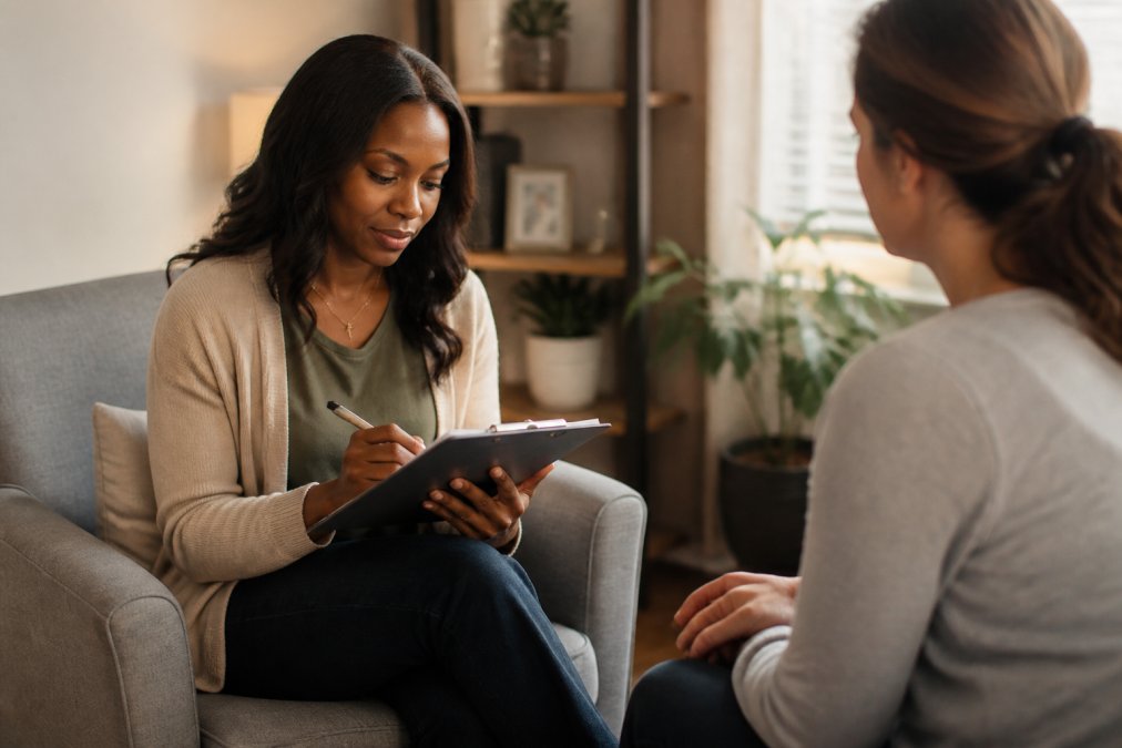 Person reviewing a checklist in a calm office to help find trauma-informed therapy