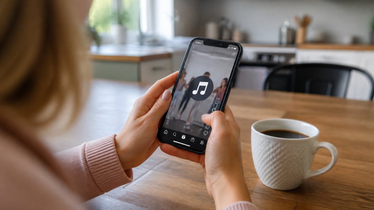 Close-up of a woman's hands holding a smartphone, screen showing the Instagram Reels tab with a music note icon visible, sitting at a kitchen table with coffee nearby