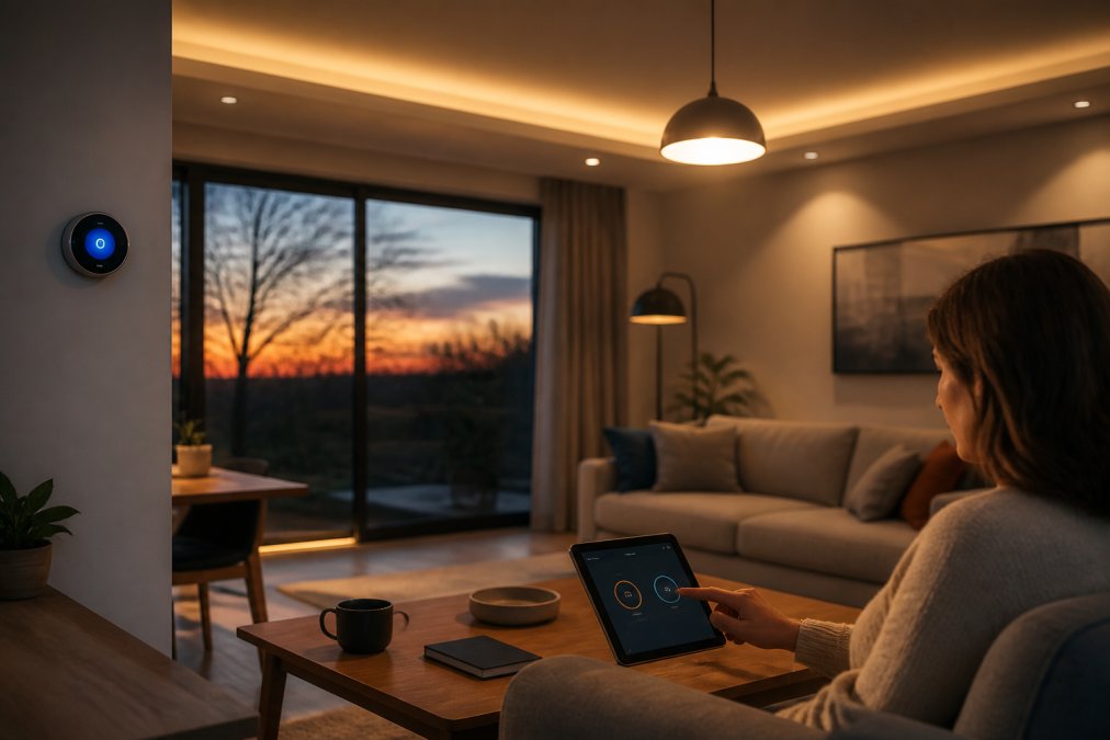 A bright modern living room at dusk where a person adjusts smart lights and a thermostat from a tablet resting on a coffee table, warm ambient glow from ceiling fixtures