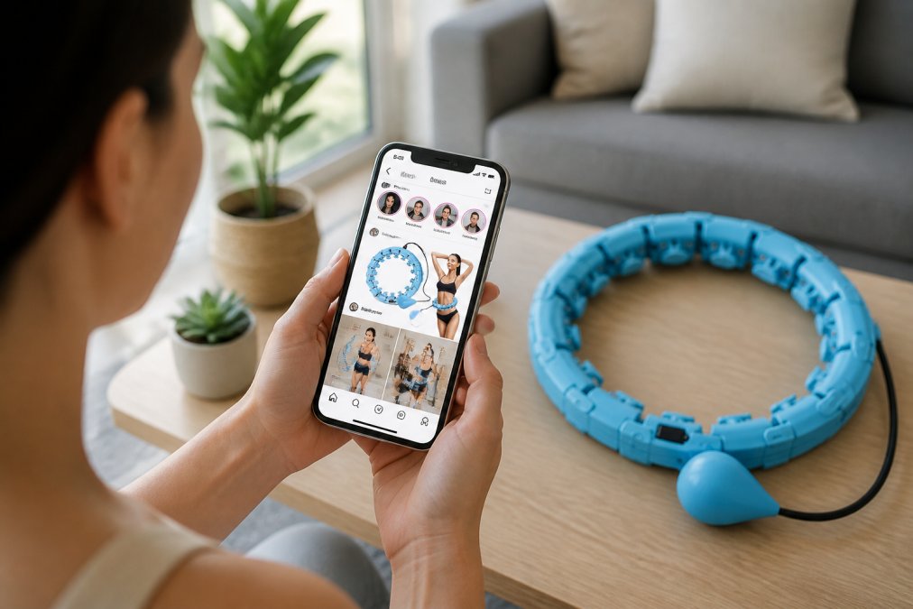 Person scrolling through social media feed on smartphone showing viral product posts, trending items highlighted in Stories and Reels, natural daylight streaming across desk