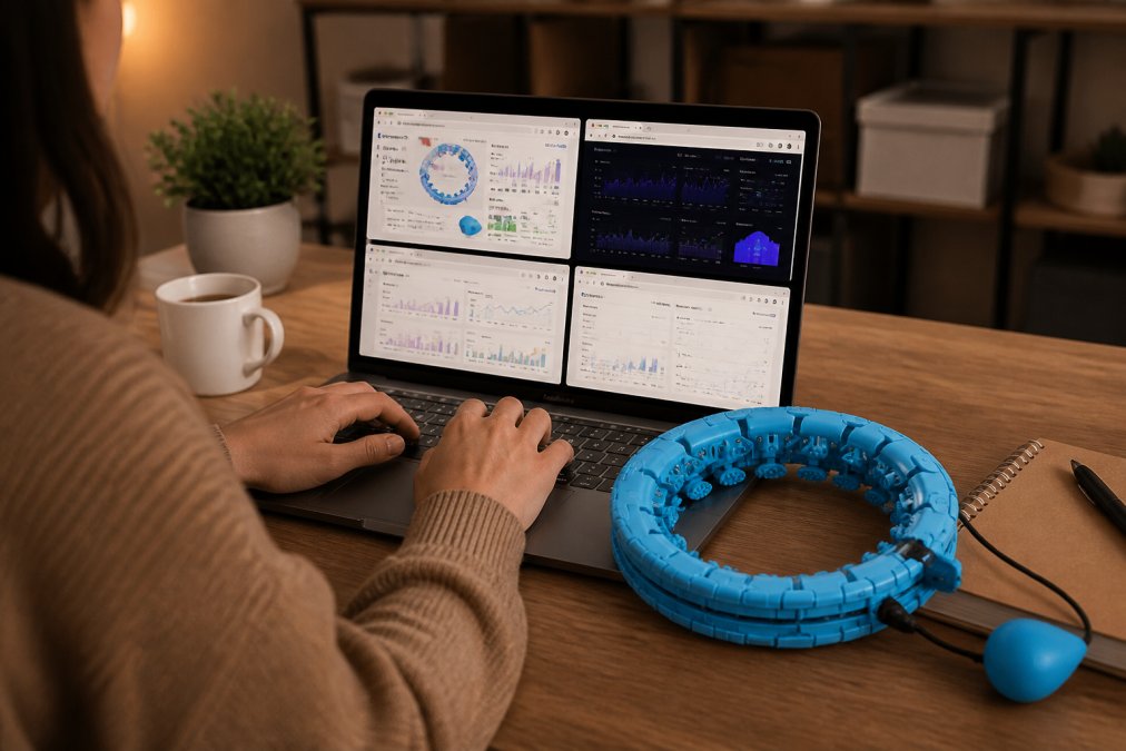 Hands typing on laptop with multiple browser tabs open showing analytics dashboards, product research platforms, and trend monitoring tools displayed on screen with warm office lighting