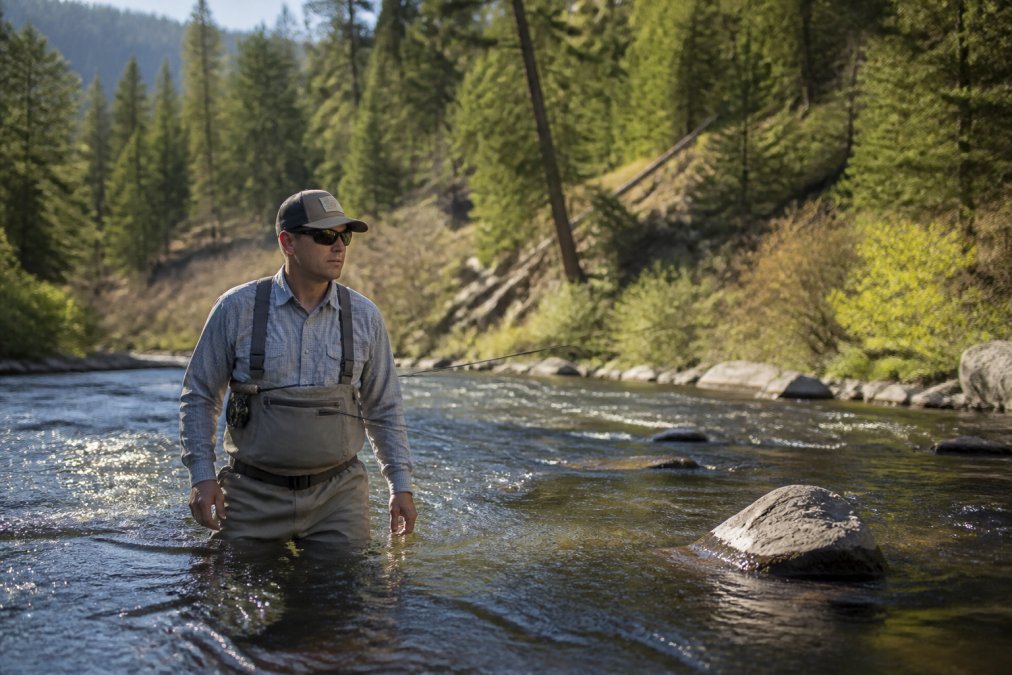 Angler wading carefully through a river while wearing polarized sunglasses, studying the water's surface and rocky structure, with forested banks and morning light reflecting off the water in the background