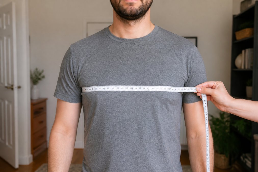 Person measuring their chest with a soft tape measure, showing proper pit-to-pit measurement technique with arms relaxed at sides and natural lighting in home setting