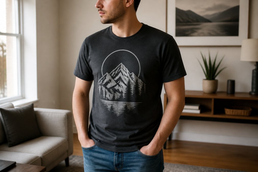 Person wearing well-fitting graphic tee, showing proper shoulder seam alignment at shoulder point, relaxed armpit fit without bunching, and hem hitting at hip bone with natural posture and casual indoor lighting