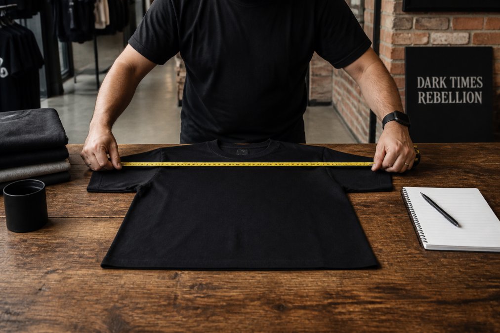 Step-by-step guide on using a tape measure to record the chest width of a flat lay streetwear t-shirt