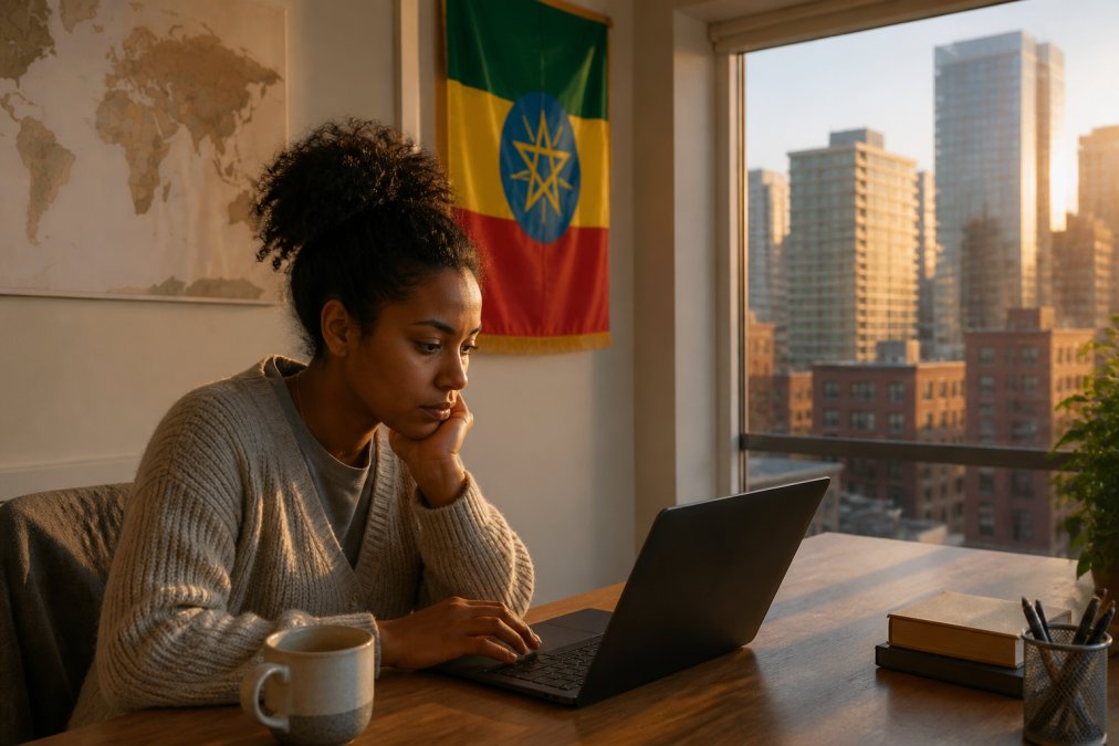 A person in a home office in a Western city reading Ethiopian news on a laptop, coffee cup beside them, a world map and Ethiopian flag on the wall behind, warm evening light