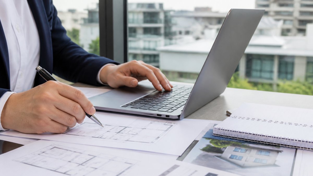 A property professional reviewing sales data and documents on a laptop at a desk in a Melbourne office, with printed floor plans and a notebook nearby