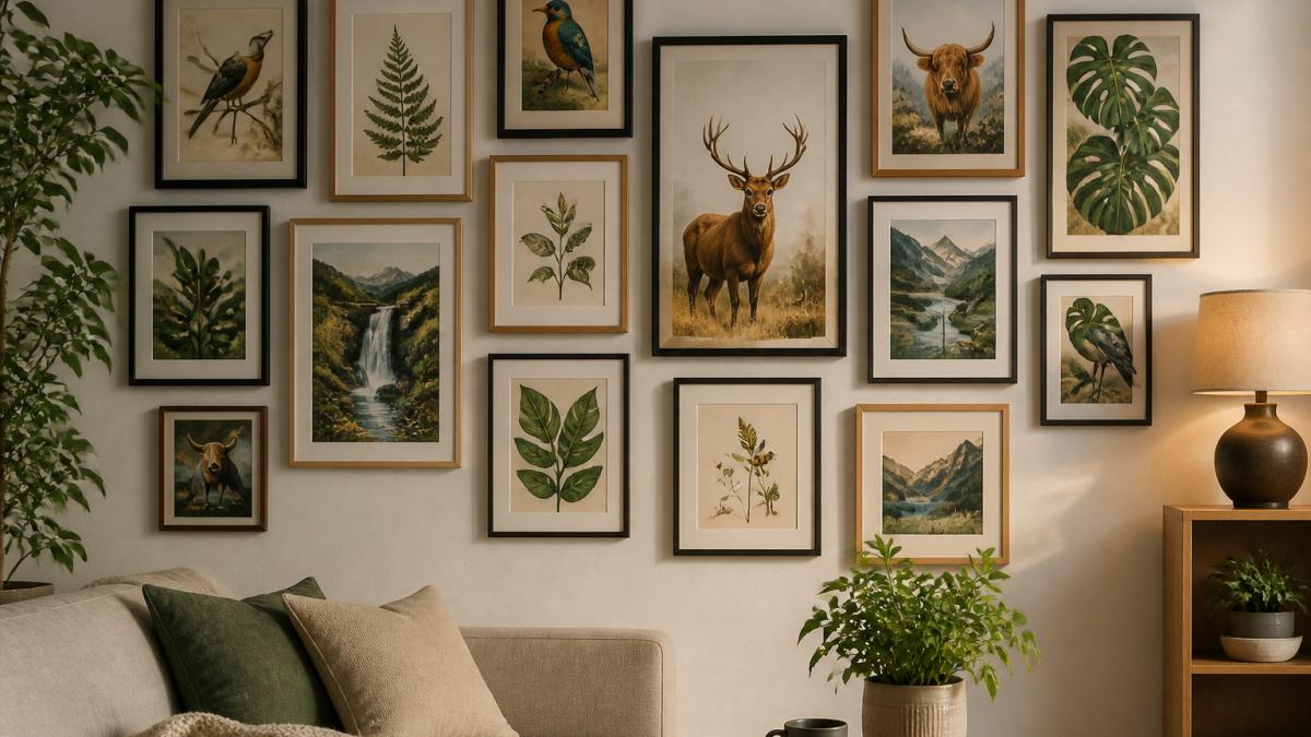 Framed wildlife and botanical art prints arranged on a modern living room wall in warm natural light