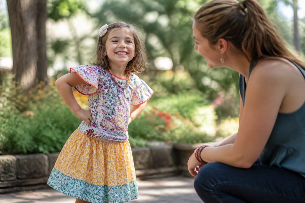 Young child confidently wearing a colorful, playful outfit that reflects their personality, standing in natural lighting with a warm smile