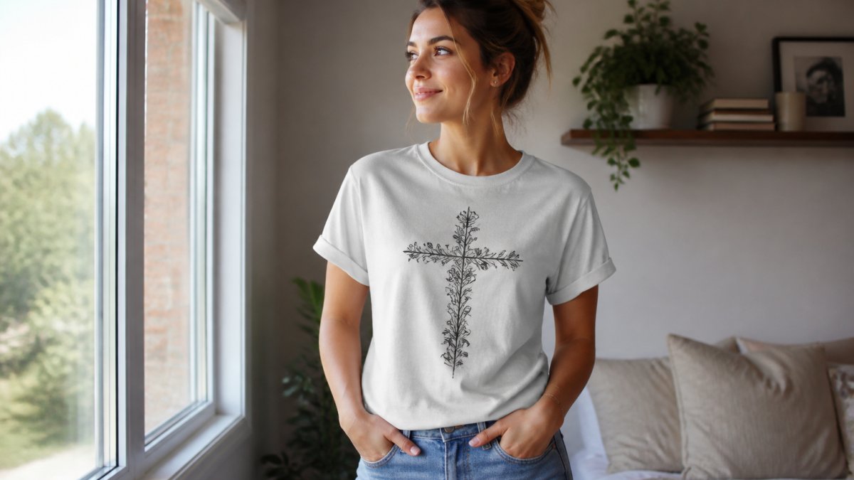 Woman wearing a faith-inspired Christian graphic tee, standing confidently in natural daylight near a window, showing how the garment fits and looks in everyday casual wear
