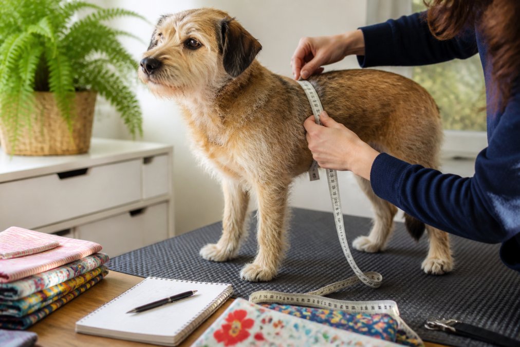 A person using a soft measuring tape to measure a dog's chest girth in a bright home setting, with the dog standing calmly on a non-slip surface