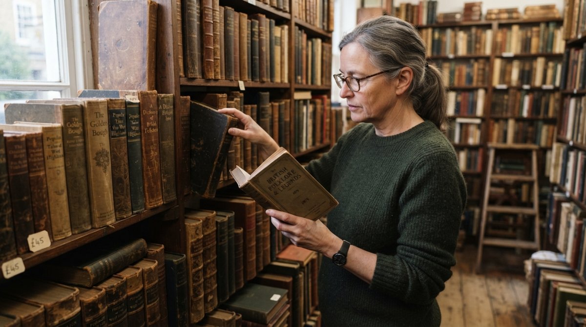 A person carefully examining antique folklore book spines on a wooden shelf in a specialist antiquarian bookshop, natural light filtering through windows