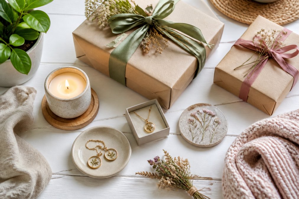 A neatly arranged flat lay of beautifully wrapped gifts, a scented candle, and small personalised keepsakes on a warm white wooden surface, photographed in soft natural window light