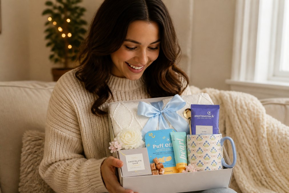 Woman opening a beautifully wrapped gift box containing spa and wellness items like a soft blanket, scented candle, and hand cream, with genuine delight on her face in warm indoor lighting