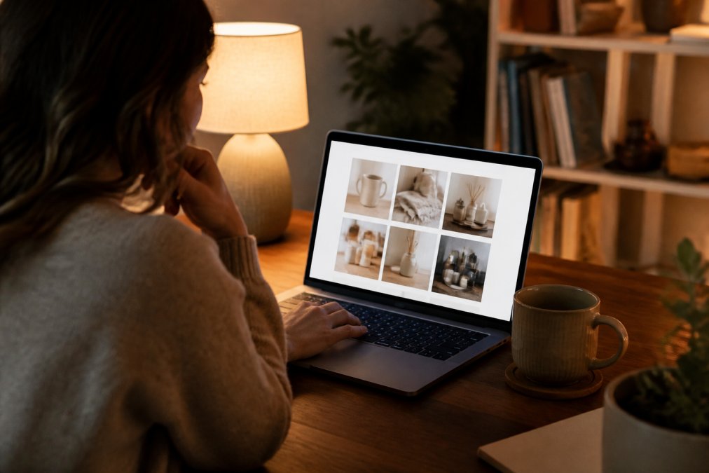 A person browsing thoughtfully curated products on a laptop at a cosy home desk, a warm ceramic mug to one side, soft amber lamp light creating a relaxed evening atmosphere