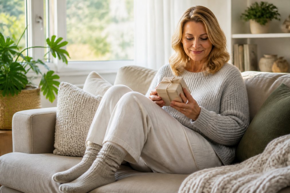 Woman in her fifties relaxing in a cozy living room with a small gift box