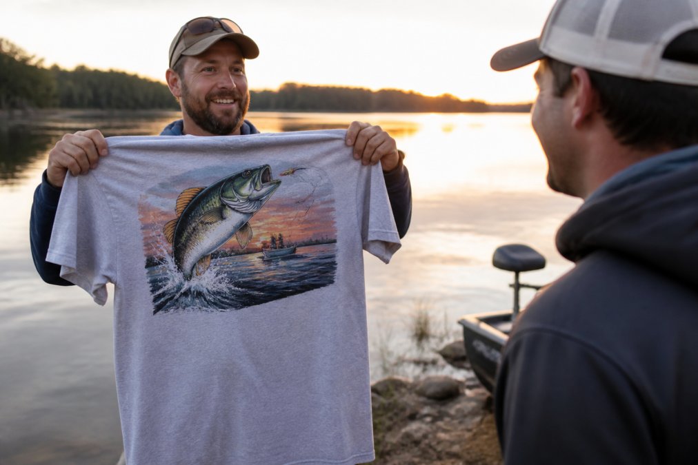 Person smiling while holding a custom fishing t-shirt by a lake at sunset