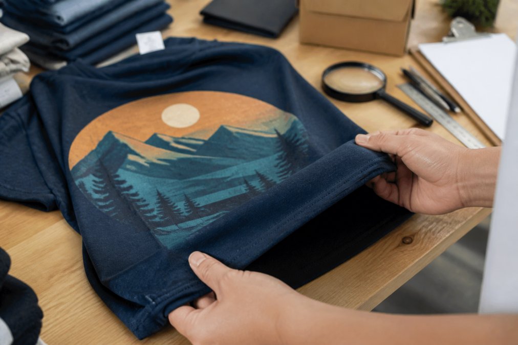 A person's hands holding the hem of a soft cotton graphic t-shirt, showing the fabric texture and a clearly printed design