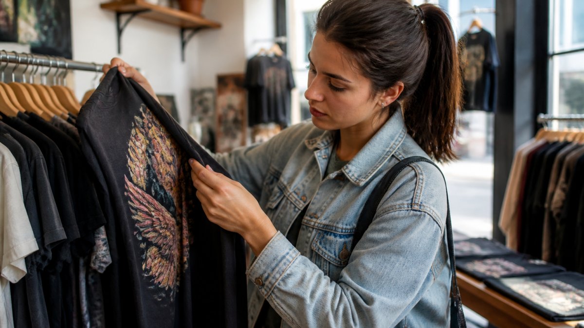 Person carefully examining the print texture and fabric weave of a graphic tee in natural daylight, holding the garment up to inspect seams and print quality