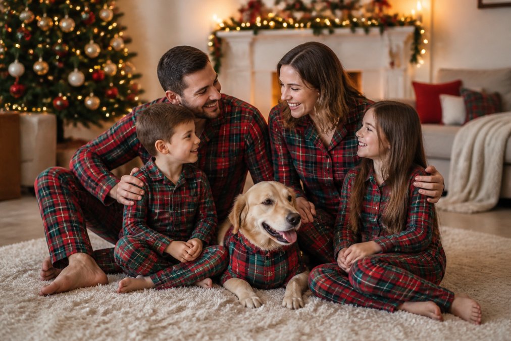 Family of four in matching plaid pajamas and a dog in a hoodie sitting on a rug by holiday lights