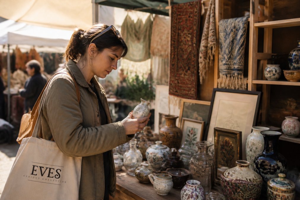 A person browsing a sunlit flea market stall filled with vintage vases, framed art, and handcrafted textiles, holding a small ceramic piece to inspect it