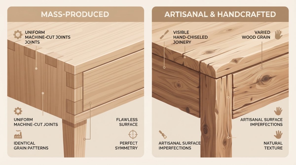 Close-up of two wooden furniture pieces side by side, one showing uniform, machine-cut joints and identical grain patterns, the other displaying visible hand-chiseled joinery, varied wood grain, and artisanal surface imperfections