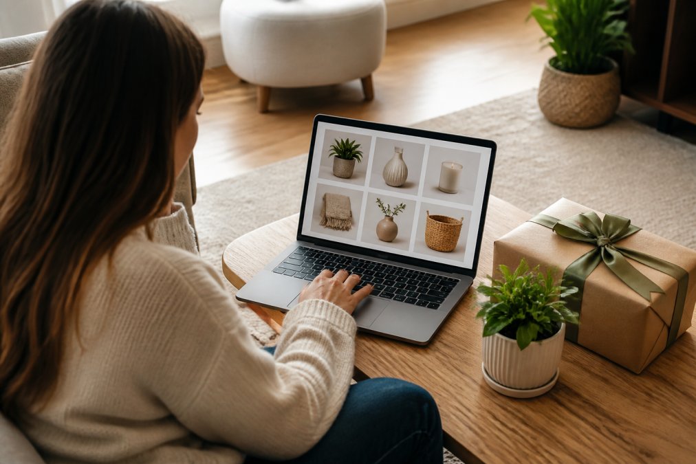 A person browsing a curated online gift shop on a laptop, with a beautifully wrapped housewarming gift and a small potted plant on a wooden table beside them in a bright living room