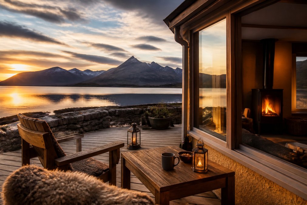 A serene loch-side lodge terrace at golden hour on the Isle of Skye, with a wood burner glowing through a large window, handmade wooden furniture on the deck and the Cuillin mountains reflected in calm water