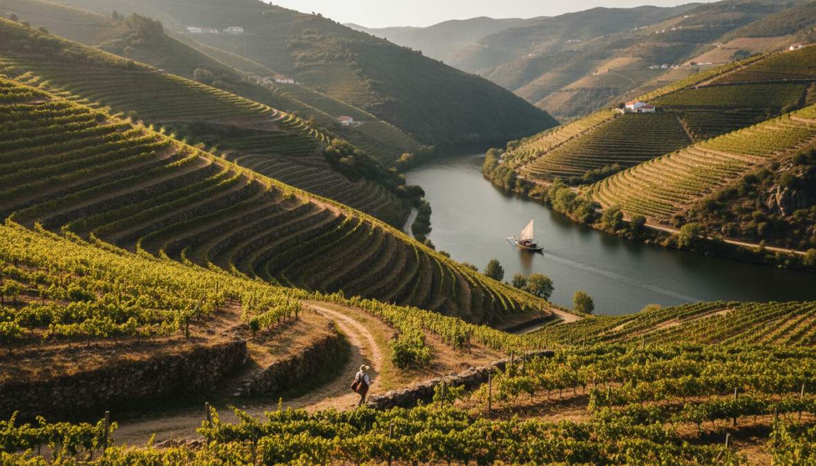 Terraced vineyards in the Douro Valley with traditional stone walls and rolling hills during golden hour, showcasing the distinctive landscape of Portuguese wine regions