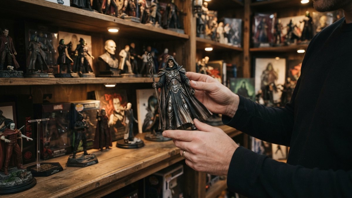 Collector's hands carefully displaying a rare villain collectible figure on a wooden shelf surrounded by similar themed items, warm accent lighting highlighting the details
