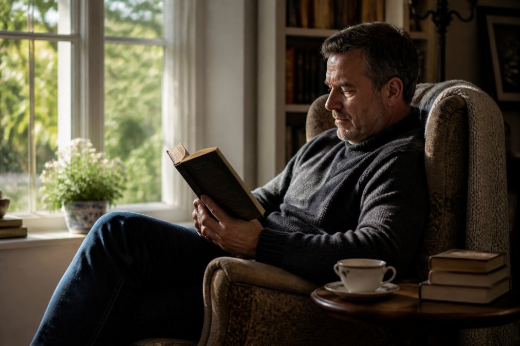 A person sitting in a comfortable armchair reading a paperback thriller, with a cup of tea on a side table and soft afternoon light coming through a window