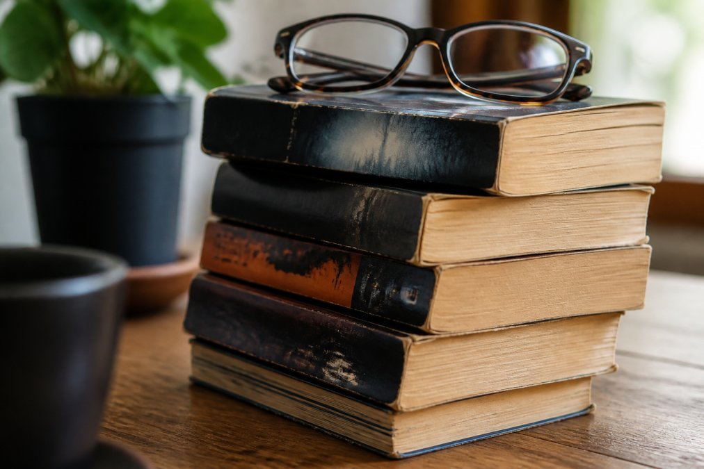 A close-up of a stack of well-worn mystery and thriller paperbacks on a wooden table, spines visible, with reading glasses resting on top