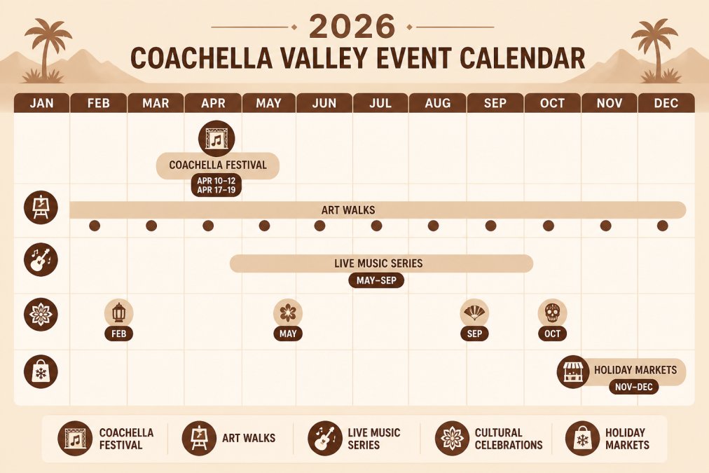 Annual event calendar showing major seasonal festivals and events across the Coachella Valley (Jan-Dec 2026): Coachella Festival, art walks, holiday markets, live music series, cultural celebrations