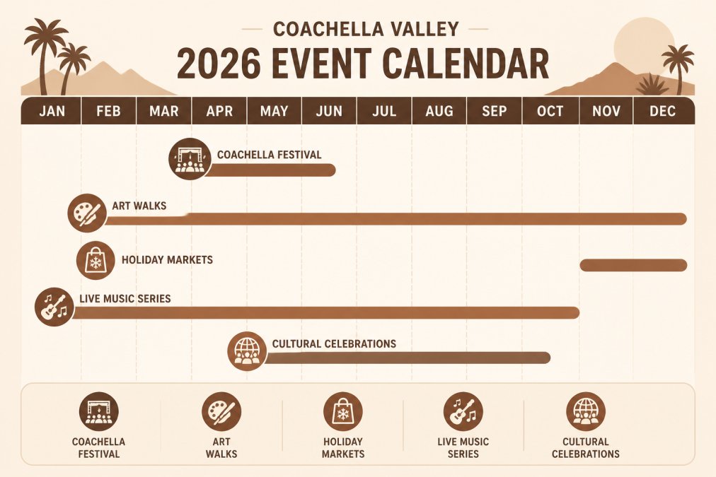 Process diagram showing steps for find updated palm desert events