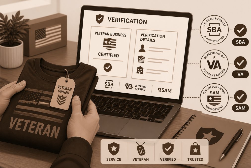 Close-up of hands holding a folded patriotic t-shirt while reviewing certification details on a laptop screen, showing verification documents and official government seals in soft office lighting