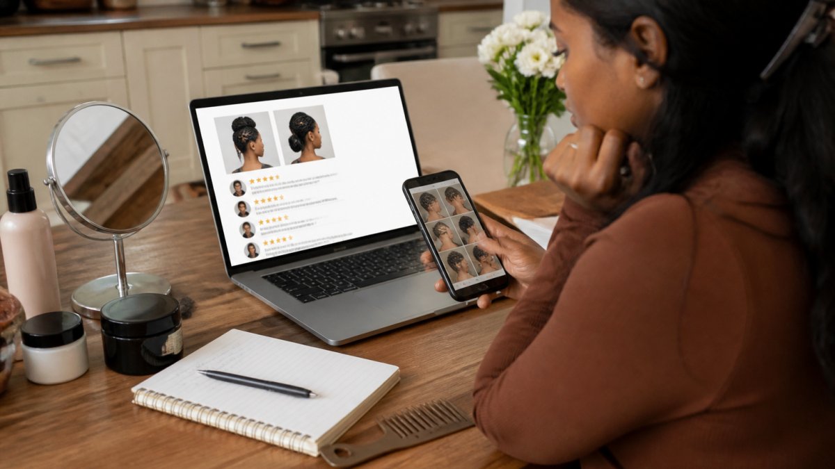 A person sitting at a kitchen table with a phone in one hand and a laptop open, comparing photos of hairstyles and reading reviews on a booking site