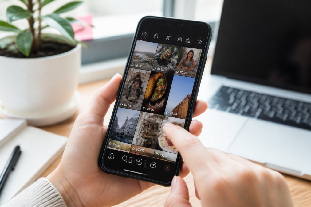 Close-up of a smartphone screen displaying the Instagram Explore page with colorful reel thumbnails, view counts, and engagement metrics clearly visible, natural daylight illuminating the screen