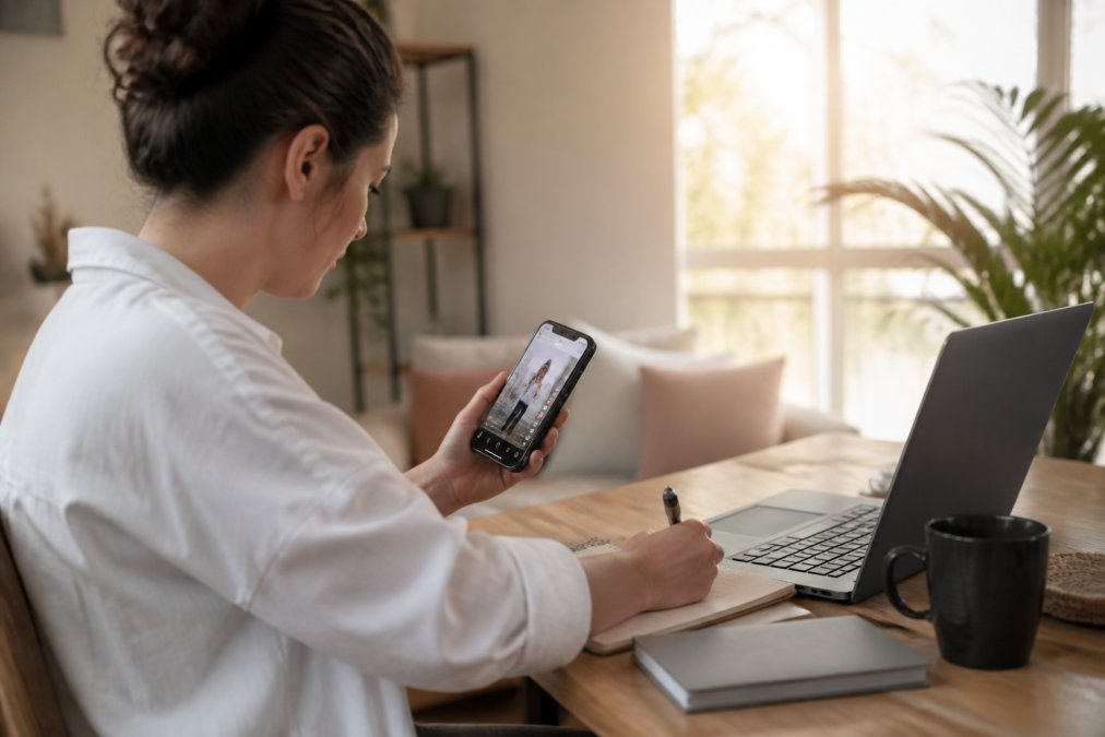Woman sitting at her desk with a smartphone in one hand and a laptop open in front of her, reviewing Instagram reels on the phone screen while taking notes on a notepad, morning sunlight streaming through a window behind her