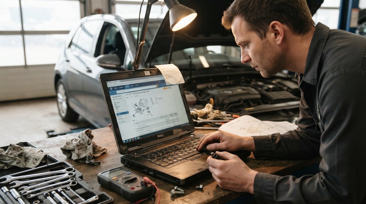 Mechanic or DIY enthusiast leaning over an open laptop displaying a VW parts decoder interface with a VIN entered and vehicle configuration details visible, natural workspace lighting