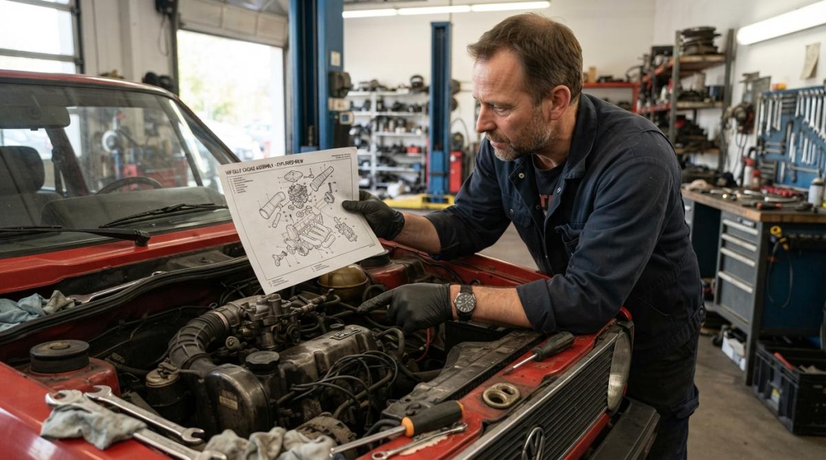 DIY enthusiast or mechanic holding a printed VW parts diagram or viewing one on a tablet screen while referencing an engine component, with the diagram clearly showing reference numbers and exploded views, workshop lighting