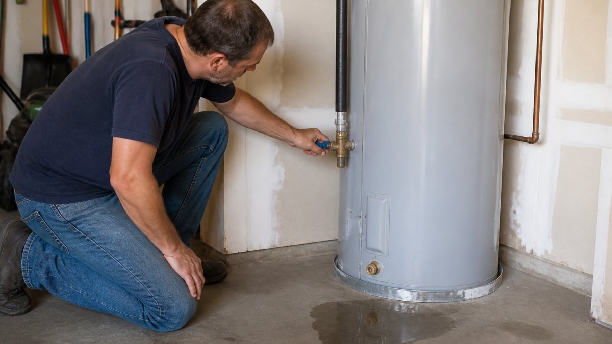Homeowner checking a water heater leaking onto a garage floor by the shutoff valve