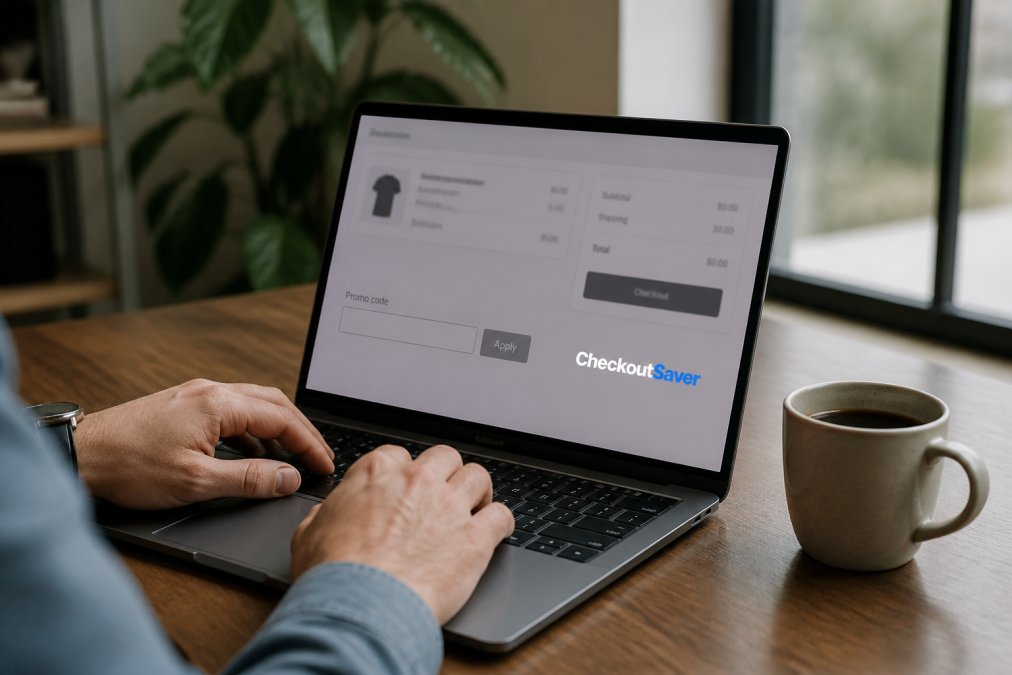 Close-up of a person's hands on a laptop keyboard, browser open on a checkout page with a promo code box visible, coffee mug beside the laptop on a home desk