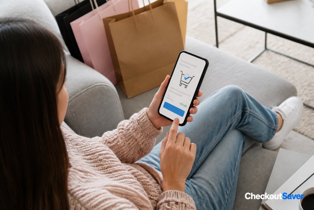A person holding a smartphone showing a shopping cart screen with a discount applied, sitting casually on a couch with shopping bags nearby