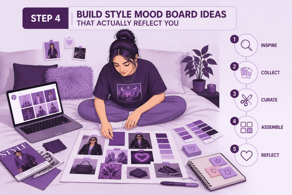 A young woman sitting cross-legged on a bed surrounded by magazine cutouts, fabric swatches, and an open laptop showing a Pinterest board, assembling a physical style mood board with colored pens and sticky notes nearby