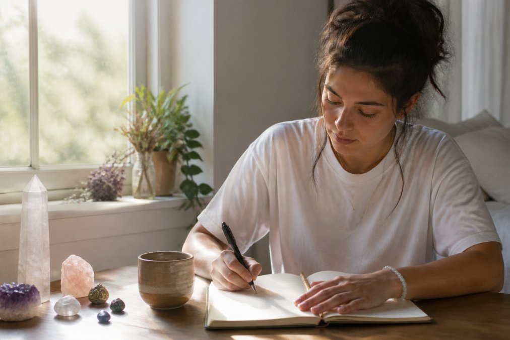 Person journaling in a minimalist angel number t-shirt while learning how to find your angel number for clothing.
