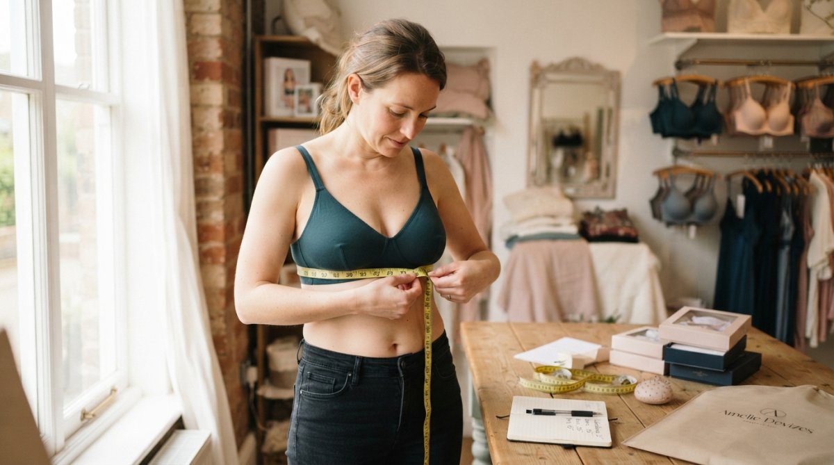 A woman standing in a well-lit room holding a soft fabric tape measure snugly around her ribcage, wearing a non-padded bra, looking down at the measurement with a calm, focused expression, warm natural light coming through a window