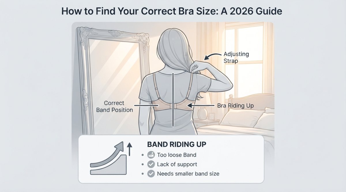 Close-up of a woman adjusting her bra strap in front of a mirror, showing the back of the bra riding up slightly, set in a softly lit bedroom with warm, golden-toned natural light