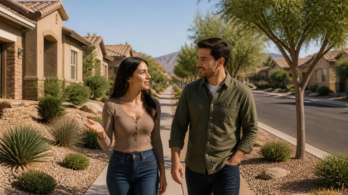 A young couple explores a Las Vegas neighborhood to find their dream home among modern desert houses.